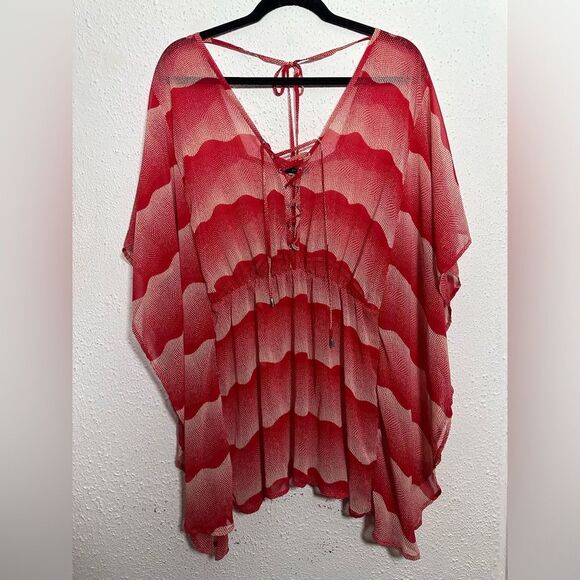 Vibrant Pure Sugar Red and Cream Lace-Up Boho Blouse - Picture 1 of 8